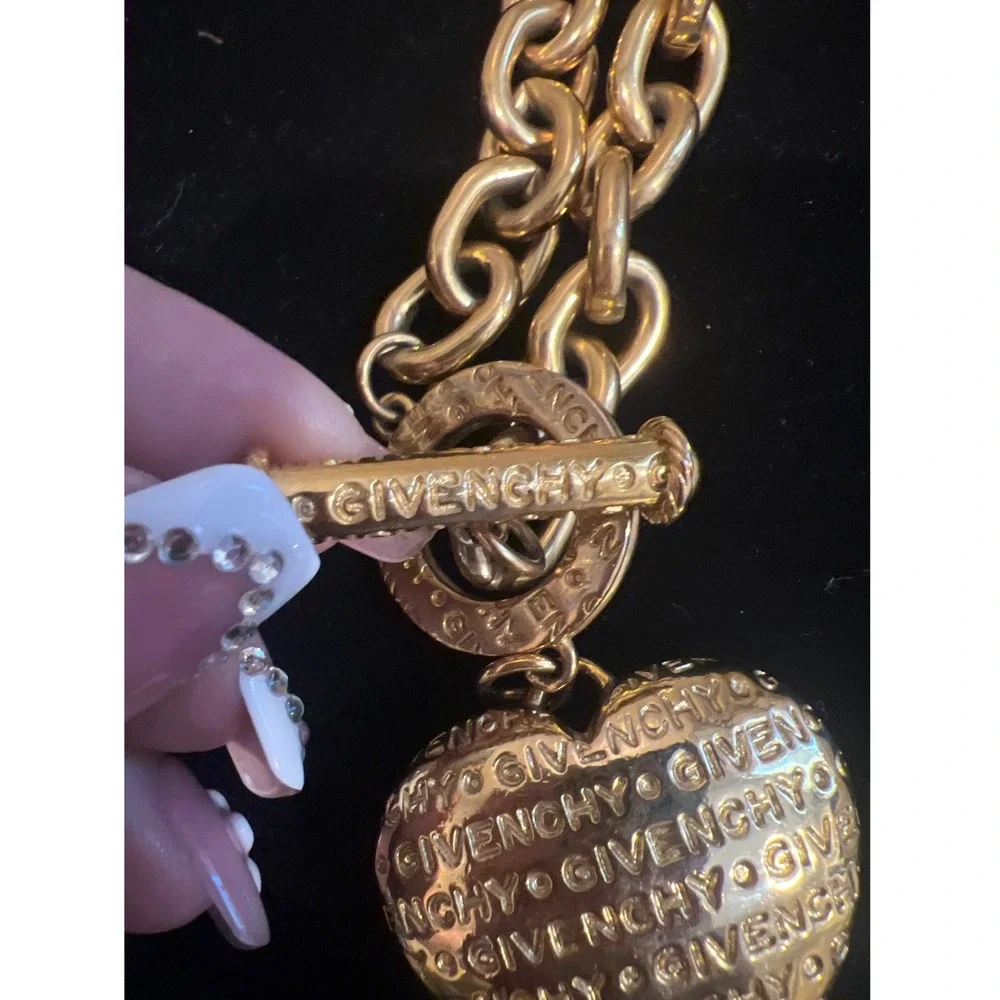 Vtg Runway Givenchy Gold Chunky Link Necklace Puffed Logo Heart Toggle Clasp 27